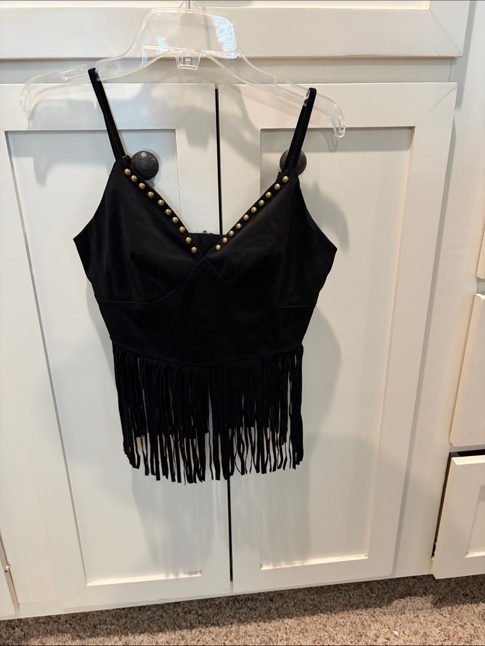 Studded Black Fringe V-Neck Crop Top